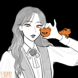  1girl absurdres artist_name cherrydistrict commentary english_commentary frog highres long_hair long_sleeves looking_at_viewer loona_(group) neck_ribbon orange_eyes ribbon simple_background solo spot_color upper_body yeojin_(loona) 