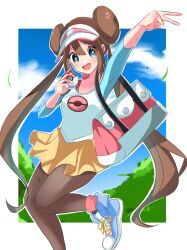  1girl bag black_pantyhose blue_eyes blue_shoes blue_sky border brown_hair clouds commentary donut_hair_bun double_bun hair_between_eyes hair_bun handbag highres holding holding_poke_ball long_hair open_mouth pantyhose pantyhose_under_shorts poke_ball poke_ball_(basic) poke_ball_print pokemon raglan_sleeves rosa_(pokemon) shoes shorts sidelocks sky smile solo tree twintails v visor_cap white_border yellow_shorts yuu_(mwms4882) 