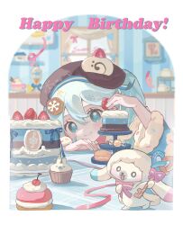  1girl absurdres aqua_eyes aqua_hair birthday blurry blurry_background brown_hat cake collared_dress commentary commentary_request cookie cookie_hair_ornament dress food food-themed_hair_ornament fruit hair_between_eyes hair_ornament happy_birthday hat hatsune_miku highres holding holding_key key lengkongqiliu long_hair looking_at_viewer musical_note-themed_food necktie open_mouth pretzel rabbit_yukine red_necktie smile snowflakes strawberry swiss_roll twintails untranslatable_commentary very_long_hair vocaloid yuki_miku yuki_miku_(2026) 
