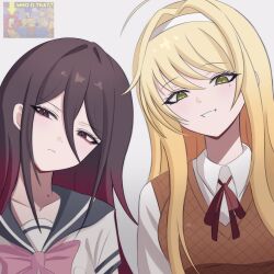  2girls ahoge anami_saki bart_simpson blonde_hair blue_sailor_collar bow bowtie brown_hair doki_doki_literature_club eggydgrp gradient_hair green_eyes grey_background hair_intakes highres homer_simpson kaori_(doki_doki_literature_club) lisa_simpson long_hair looking_at_viewer marge_simpson meme meme_inset mole mole_on_neck mole_under_eye multicolored_hair multiple_girls original pink_bow pink_bowtie pink_hair red_ribbon ribbon sailor_collar school_uniform serafuku simple_background smile the_simpsons two-tone_hair who_is_this?_(meme) 