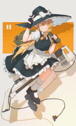  1girl absurdres apron back_bow black_gloves black_hat black_shoes black_skirt black_vest blonde_hair book bow braid commentary fingerless_gloves frilled_skirt frills gloves grin hair_bow hat hat_bow highres holding holding_sack kirisame_marisa kto_znaet long_hair mary_janes puffy_short_sleeves puffy_sleeves sack shoes short_sleeves side_braid single_braid skirt smile socks solo touhou vacuum_cleaner very_long_hair vest waist_apron white_apron white_bow white_socks witch_hat yellow_eyes 