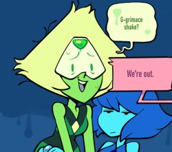  2girls alien blonde_hair blue_hair blue_skin colored_skin commentary discount-supervillain english_commentary face_shield forehead_jewel gem gem_(steven_universe) green_skin grimace_shake_(meme) homeworld_gem_uniform lapis_lazuli_(steven_universe) meme multiple_girls peridot_(steven_universe) short_hair steven_universe triangle-shaped_hair 