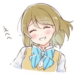  1girl blue_ribbon blush brown_hair brown_vest closed_eyes commentary_request head_tilt kiryu_(sora_no_iroto) koizumi_hanayo love_live! love_live!_school_idol_project neck_ribbon nervous_smile otonokizaka_school_uniform ribbon school_uniform shirt short_hair smile solo summer_uniform translation_request vest white_background white_shirt 