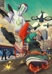  5boys absurdres aiming aqua_shirt armor artist_name baton_(weapon) belt black_boots black_gloves black_pants bomb_rush_cyberfunk boots building chasing city clouds commentary cyborg day dj_cyber drone english_commentary fence firing gloves gun handgun helmet highres holding holding_baton holding_gun holding_weapon mask mechanical_head motion_lines multiple_boys outdoors panagian pants police pouch red_(bomb_rush_cyberfunk) robot roller_skates science_fiction shirt short_sleeves skates utility_belt vinyl_record weapon 