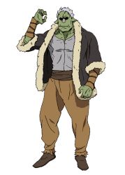  1boy arm_up artist_request black_coat brown_pants brown_shoes closed_mouth coat colored_skin facing_viewer full_body fur-trimmed_coat fur_trim goblin green_skin grey_shirt hand_up male_focus mature_male monster_boy muscular muscular_male official_art pants rigurd_(tensura) second-party_source shirt shoes short_hair short_sleeves simple_background solo standing tensei_shitara_slime_datta_ken transparent_background tusks white_hair 