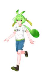  1girl absurdres blue_shorts blush_stickers bright_pupils brown_shoes double-parted_bangs edomura_niniko full_body green_hair gym_shirt gym_uniform hair_between_eyes highres long_hair low_ponytail name_tag official_art open_mouth orange_eyes ponytail shirt shoes short_sleeves shorts simple_background solo transparent_background voicevox walking white_pupils white_shirt zundamon 