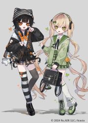  2girls :d ahoge animal_hat asymmetrical_footwear asymmetrical_legwear black_cardigan black_hair black_shoes black_thighhighs blonde_hair bow bowtie bug butterfly cardigan cat_hat collared_shirt commentary_request copyright_notice frilled_socks frills full_body green_butterfly green_cardigan green_eyes green_hair green_shoes green_skirt hair_bow hat headphones headphones_around_neck highres long_hair looking_at_viewer mahou_shoujo_no_majo_saiban multicolored_hair multiple_girls official_alternate_costume open_mouth orange_bow orange_bowtie orange_butterfly orange_eyes orange_streaks plaid_clothes plaid_skirt pleated_skirt sample_watermark sawatari_coco shirt shoes short_hair simple_background single_off_shoulder skirt smile socks streaked_hair striped_clothes striped_thighhighs stuffed_animal stuffed_cat stuffed_toy thigh-highs tira_27 tono_hanna twintails watermark white_background white_shirt zettai_ryouiki 