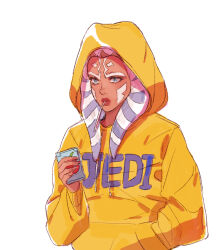  1girl ahsoka_tano blue_eyes colored_skin contemporary drink_carton drinking_straw drinking_straw_in_mouth facial_mark hand_in_pocket holding holding_drink_carton holding_juice_box hood hooded_sweater hoodie juice_box lekku_(anatomy) orange_skin pinkteest solo star_wars star_wars:_the_clone_wars_(2008_tv_series) sweater togruta yellow_hoodie yellow_sweater 