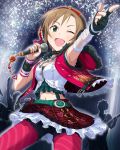  1girl ;d artist_request belt black_gloves brown_hair choker fingerless_gloves gloves green_eyes headphones idolmaster idolmaster_cinderella_girls microphone navel official_art open_mouth pantyhose single_glove skirt smile solo tada_riina vest wink 