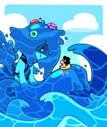  1boy 1girl alternate_species child commentary discount-supervillain english_commentary eye_reflection gem_(steven_universe) giant giantess highres innertube lapis_lazuli_(steven_universe) liquid_hair monster_girl outdoors reflection sky smile steven_quartz_universe steven_universe swim_ring water 
