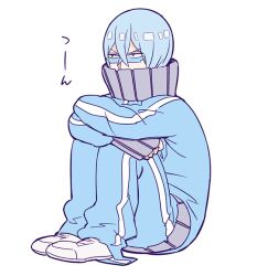  1boy blue_hair glasses gym_uniform inumuta_houka kill_la_kill long_sleeves male_focus maruo_(na-ro) shoes simple_background sitting solo white_background white_shoes 