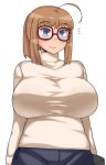  1girl blue_eyes breasts brown_hair glasses huge_breasts long_hair maru_(maruttona) ooba_minori original red-framed_glasses simple_background solo sweater turtleneck white_background 