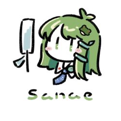  1girl asymmetrical_hair blue_necktie blush blush_stickers character_name chibi chibi_only commentary english_text frog frog_hair_ornament gohei green_eyes green_hair hair_ornament hair_tubes head_only highres kochiya_sanae long_hair medium_hair necktie no_mouth simple_background single_hair_tube snake snake_hair_ornament solo takegusa touhou white_background |_| 