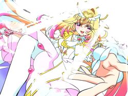  1girl antenna_hair blonde_hair blush bow brooch capelet cure_arcana dress frilled_capelet frilled_cuffs frills gradient_hair hair_intakes heart heart_brooch highres holding holding_staff jewelry long_hair looking_at_viewer magical_girl meitantei_precure! moria_luluka multicolored_hair open_mouth popura_bijutu33 precure shine_arcana_rod smile solo staff veil very_long_hair violet_eyes white_capelet white_dress white_veil winged_heart wrist_cuffs 