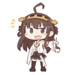  1girl ahoge blush_stickers boots brown_hair chibi erua hand_on_hip kantai_collection kongou_(kantai_collection) long_hair nontraditional_miko open_mouth pleated_skirt pointing simple_background skirt solo thighhighs violet_eyes white_background 