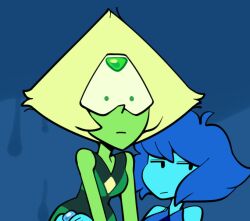  2girls alien blonde_hair blue_hair blue_skin colored_skin commentary discount-supervillain english_commentary face_shield forehead_jewel gem gem_(steven_universe) green_skin homeworld_gem_uniform lapis_lazuli_(steven_universe) multiple_girls peridot_(steven_universe) short_hair steven_universe triangle-shaped_hair 