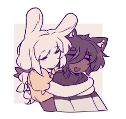  2girls :d =_= ^_^ animal_ear_fluff animal_ears animated animated_gif black_hair blonde_hair border braid closed_eyes closed_mouth couple cropped_torso cuddling dark-skinned_female dark_skin dog_ears dog_girl eyes_visible_through_hair fang hair_between_eyes heart hug iahtruong long_hair long_sleeves looping_animation multiple_girls no_nose nuzzle open_mouth original outside_border puffy_short_sleeves puffy_sleeves rabbit_ears rabbit_girl short_hair short_sleeves single_braid skin_fang smile sweater thick_eyebrows turtleneck turtleneck_sweater u_u upper_body very_dark_skin white_border yuri 
