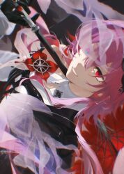  1girl absurdres black_dress black_gloves commentary dress dual_persona evernight_(honkai:_star_rail) evey_(honkai:_star_rail) gloves highres honkai:_star_rail honkai_(series) long_hair looking_at_viewer march_7th_(honkai:_star_rail) pink_eyes pink_hair red_eyes shirt sideways single_bare_shoulder umbrella_over_shoulder untranslatable_commentary upper_body usammmer white_mouth white_shirt 
