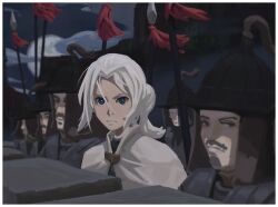  6+boys absurdres armor armor_request arslan arslan_senki battlement black_helmet blue_eyes border cape cliff closed_mouth clouds cloudy_sky commentary dotr_art facial_hair frown helmet highres holding holding_polearm holding_weapon looking_at_viewer medium_hair moon multiple_boys night plume polearm ponytail sidelocks sky soldier spear tassel untranslatable_commentary weapon weapon_tassel white_border white_cape white_hair 
