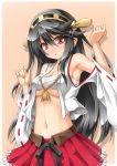  1girl bare_shoulders black_hair blush breasts cleavage detached_sleeves hairband haruna_(kantai_collection) japanese_clothes kantai_collection long_hair looking_at_viewer navel open_clothes red_eyes roura sarashi skirt solo 