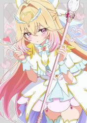 1girl ? absurdres antenna_hair blonde_hair blush bow brooch capelet commentary_request cure_arcana dress frilled_capelet frilled_cuffs frills gradient_hair hair_intakes heart heart_brooch highres hiyoko_neneko holding holding_staff jewelry long_hair looking_at_viewer magical_girl meitantei_precure! moria_luluka multicolored_hair open_mouth precure shine_arcana_rod solo staff veil very_long_hair white_capelet white_dress white_veil winged_heart wrist_cuffs 