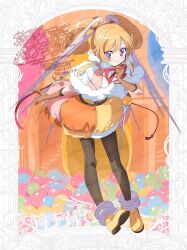  1girl anklet arch ball_pit black_pantyhose blonde_hair boots border bright_pupils brown_gloves bubble_skirt capelet character_name closed_mouth collared_capelet curly_hair dated dot_nose eyelashes finger_to_cheek full_body fur-trimmed_capelet fur_trim gloves hair_between_eyes hair_tie happy high_collar highres jewelry leaning_forward light_blush looking_at_viewer magical_girl mahou_shoujo_madoka_magica mahou_shoujo_madoka_magica:_walpurgis_no_kaiten medium_hair miniskirt multicolored_skirt neck_ribbon needle orange_skirt outside_border pantyhose pillar pink_skirt red_ribbon ribbon ribbon-trimmed_skirt ribbon_trim selema_terez serizawa_serizane sewing_needle sewing_pin shirt short_twintails skirt slide smile solo standing striped_clothes striped_pantyhose swept_bangs twintails vertical-striped_capelet vertical-striped_clothes vertical-striped_pantyhose violet_eyes watermark white_border white_capelet white_pupils yellow_boots yellow_shirt yellow_skirt 