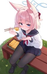  1girl absurdres animal_ear_fluff animal_ears black_pantyhose blue_archive blue_eyes blue_halo blue_sailor_collar blue_shoes blue_skirt chopsticks closed_mouth commentary food fox_ears fox_girl hair_ribbon half_updo halo highres holding holding_chopsticks holding_with_chopsticks inarizushi neckerchief niko_(blue_archive) on_bench pantyhose pink_hair red_neckerchief red_ribbon ribbon sailor_collar school_uniform serafuku shirt shoes short_hair sitting skirt smile solo sushi tisofofo white_shirt 