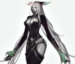  1girl alternate_color alternate_costume blue_eyes bodysuit breasts claws cleavage cleavage_cutout facial_mark forehead_mark grey_skin headgear league_of_legends lips lissandra long_hair nose silver_hair solo tyutii very_long_hair 