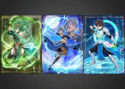  1boy 2girls alternate_costume armor armored_boots armpits asukamama89 bare_shoulders black_gloves black_hair black_thighhighs blue_background blue_bra blue_cloak blue_coat blue_dress blue_eyes blue_hair blue_halo blue_shoes blue_skirt boots bra bracelet breasts brown_hair chaldea_logo cloak coat commentary_request crossover crown dress earrings electricity energy_sword fantasy fate/grand_order fate_(series) fighting_stance forest fujimaru_ritsuka_(male) full_body gloves gold_bracelet gold_crown gold_horns green_background green_boots green_dress green_eyes green_shoes grey_skirt hair_between_eyes halo highres holding holding_polearm holding_sword holding_weapon jewelry katana knee_boots knight long_hair looking_at_viewer medium_breasts misery_(tensura) moon multiple_girls nature navel ocean polearm rain_(tensura) rainbow_aura serious shoes short_hair silver_armor skirt smile spear standing standing_on_one_leg sword tensei_shitara_slime_datta_ken thigh-highs thighs underwear wading warrior water weapon 