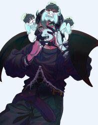  2boys 32_mizutamari alien_stage angel_and_devil angel_wings apple belt black_eyes black_hair black_pants black_sweater black_veil bug centipede commentary crying demon_wings drooling finger_cots food fruit green_eyes grey_hair halo hands_on_own_face highres holding holding_food holding_fruit ivan_(alien_stage) long_sleeves male_focus mini_person miniboy multiple_boys official_alternate_costume pants parted_lips red_pupils sweater till_(alien_stage) torn_clothes torn_sweater veil white_apple white_background wings 