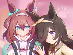  2girls absurdres ahoge animal_ears blue_eyes blush bow_hairband breasts brown_dress brown_hair brown_hairband brown_ribbon casual closed_mouth collarbone dress flipped_hair grey_hairband hair_between_eyes hair_over_one_eye hairband highres hood hoodie horse_ears horse_girl jacket large_breasts leaning_forward long_hair long_sleeves looking_at_viewer mihono_bourbon_(casual)_(umamusume) mihono_bourbon_(umamusume) multiple_girls oisu_yomi open_clothes ribbon rice_shower_(casual)_(umamusume) rice_shower_(umamusume) silver_hairband small_breasts smile umamusume violet_eyes waving white_hoodie white_jacket 