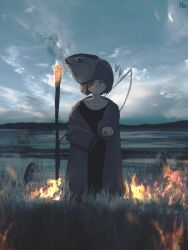  1girl brown_eyes brown_hair closed_mouth clouds commentary_request dot_mouth dusk expressionless fish fish_head grass hair_over_one_eye highres looking_at_viewer nitrocharge25 original outdoors scenery short_hair solo standing straight-on 