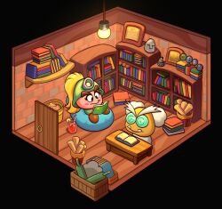  1boy 1girl blonde_hair book bottle commentary cup drinking_glass english_commentary goombella indoors light_bulb long_hair mining_helmet no_humans paper_mario:_the_thousand-year_door paper_mario_(series) ponytail professor_frankly starshipxnaut statue super_mario_bros. teeth white_hair 