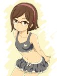  1girl bikini_skirt brown_eyes brown_hair cat_print collarbone drawr glasses gundam gundam_build_fighters hairband hands_clasped kousaka_china mattaku_mousuke navel short_hair solo swimsuit tankini 