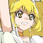  1girl angry arm_up blonde_hair choker clenched_teeth close-up cure_peace dress eyelashes jubigamura kise_yayoi long_hair lowres magical_girl oekaki precure puffy_sleeves short_sleeves smile_precure! solo white_dress yellow_eyes 