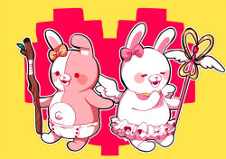  2girls agi_(neckless) angel_wings bib blush bow danganronpa_(series) danganronpa_2:_goodbye_despair diaper dual_persona ear_bow hair_bow holding holding_stick holding_wand magical_girl monomi_(danganronpa) multiple_girls pink_bow rabbit_girl skirt stick two-tone_fur usami_(danganronpa) wand white_fur white_skirt white_wings wings yellow_bow 