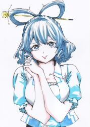  1girl blue_eyes blue_hair breasts chisel closed_mouth commentary_request drill_hair drill_sidelocks hair_ornament hair_rings hair_stick highres kaku_seiga lips looking_at_viewer own_hands_together s590220 short_hair short_sleeves sidelocks simple_background smile solo touhou upper_body vest white_background white_vest 