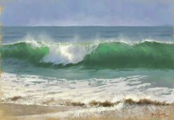 alain_mogena artist_name beach blue_sky clear_sky commentary dated day english_commentary faux_traditional_media highres horizon landscape no_humans ocean original outdoors painterly sand scenery sky waves 