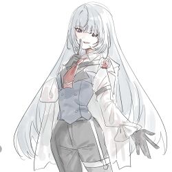  1girl absurdres alternate_costume arcaea black_gloves black_pants blue_vest collared_shirt commentary_request cowboy_shot diamond-shaped_earrings earrings finger_to_mouth garter_straps gloves grey_hair highres insight_(arcaea) jewelry korean_commentary long_hair looking_at_viewer multicolored_eyes necktie onionion0724 pants red_necktie shirt shushing simple_background smile solo thigh_strap vest white_background white_shirt 