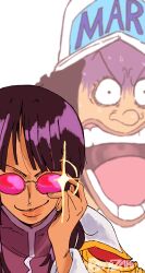  1boy 1girl absurdres beanzaru black_hair blunt_bangs commentary english_commentary epaulettes glint hat highres long_nose marine_uniform_(one_piece) nico_robin one_piece open_mouth smirk turtleneck usopp 