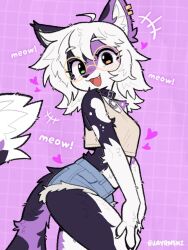  +++ 1girl :d ahoge animal_ear_piercing animal_ears black_fur black_tail body_fur breasts cat_ears collar commentary cowboy_shot cutoffs denim denim_shorts english_text eyes_visible_through_hair fang from_side furry glasses green_eyes grid_background hair_between_eyes halterneck happy head_tilt heart heterochromia highres jayrnski jewelry leaning light_blush looking_at_viewer medium_breasts medium_hair meowing midriff multicolored_fur multicolored_tail necklace notice_lines orange_eyes original purple_background purple_fur purple_tail shirt shorts smile solo standing tail two-tone_fur v_arms white_background white_fur white_shirt white_tail yellow-framed_eyewear 
