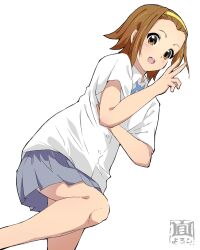  :d absurdres black_outline blue_ribbon blue_skirt brown_eyes collared_shirt foot_up_heel_up from_below hairband hand_on_own_chest hand_up highres k-on! light_blush looking_at_viewer neck_ribbon open_mouth orange_hair outline pleated_skirt ribbon shirt signature simple_background skirt smile tainaka_ritsu untucked_shirt v white_background white_shirt yellow_hairband yoroshi 
