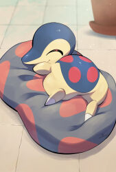  blue_fur closed_eyes cyndaquil highres lying no_humans nullma on_stomach pokemon pokemon_(creature) solo tile_floor tiles two-tone_fur yellow_fur 