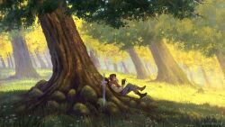  1boy against_tree alain_mogena arm_behind_head artist_name beard black_boots blue_pants book boots brown_hair commentary day english_commentary facial_hair forest from_side glasses grass hand_up highres holding holding_book hood hood_down hoodie landscape nature on_ground orange_hoodie original outdoors pants reading reclining scenery short_hair slice_of_life sword tree tree_shade watermark weapon white_sleeves wide_shot 