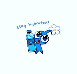  :d blue_eyes blue_pikmin blue_skin bottle caridescent colored_skin commentary creature creature_focus english_commentary english_text flower flower_on_head full_body highres no_humans pikmin_(creature) pikmin_(series) simple_background smile solo water_bottle white_flower 