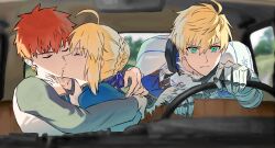  1girl 2boys armor arthur_pendragon_(fate) artoria_pendragon_(fate) blonde_hair car car_interior car_seat commentary_request couple dress driving emiya_shirou fate/prototype fate/stay_night fate_(series) highres hitman's_wife's_bodyguard kimagurew5 kiss meme messy_hair motor_vehicle multiple_boys parody red_hair saber_(fate) seatbelt shirt spiky_hair steering_wheel t-shirt 