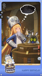  1girl bangboo_(zenless_zone_zero) blonde_hair blue_jacket cake chibi closed_eyes closed_mouth commentary food garter_straps gloves grey_hat grey_helmet happy_birthday hat helmet highres indoors jacket large_hat long_hair math norma_hollowell official_art one_eye_closed shako_cap thinking very_long_hair violet_eyes white_garter_straps white_gloves zenless_zone_zero 