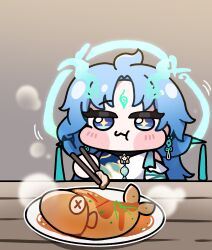  1girl absurdres ahoge are_(are_a_r) blue_background blue_eyes blue_hair blush chibi chibi_only closed_mouth commentary eating english_commentary fiery_horns fish_(food) highres horns long_hair looking_at_viewer parted_bangs qingxiao_(wuthering_waves) simple_background smile solo upper_body wuthering_waves 