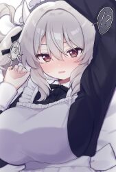  !? 1girl ? akikan_sabako apron arm_up black_bow black_bowtie black_dress black_ribbon blush bow bowtie breasts brown_eyes collared_dress commentary_request contrast_collar dress embarrassed frilled_apron frills full-face_blush grey_hair hair_between_eyes hair_ribbon highres horns huge_breasts long_hair long_sleeves looking_at_viewer lying maid maid_apron maid_headdress medium_hair milltina_(vrchat) neck_ribbon nose_blush on_back open_mouth parted_lips ribbon solo speech_bubble spoken_interrobang spoken_question_mark sweatdrop twintails twitter_username upper_body vrchat white_apron white_hair white_horns 