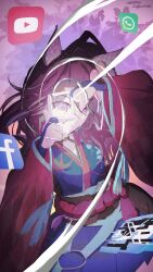  1girl animal_ears blue_kimono blue_skirt breasts brown_hair commentary_request detached_sleeves ear_covers facebook facebook_logo finger_frame finger_frame_over_eye flower glitch hair_between_eyes hair_flower hair_ornament highres horse_ears horse_girl instagram instagram_logo japanese_clothes kimono long_hair looking_at_viewer orchid phalaenopsis_(racing)_(umamusume) phalaenopsis_(umamusume) rika-kiyoshi rope_belt side_ponytail skirt solo symbol_in_eye twitter twitter_logo twitter_x_logo umamusume whatsapp youtube youtube_logo 